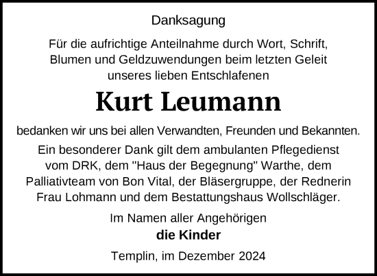 Traueranzeige von Kurt Leumann von Uckermark Kurier Templiner Zeitung