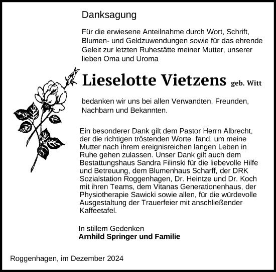 Traueranzeige von Lieselotte Vietzens von Nordkurier Neubrandenburger Zeitung