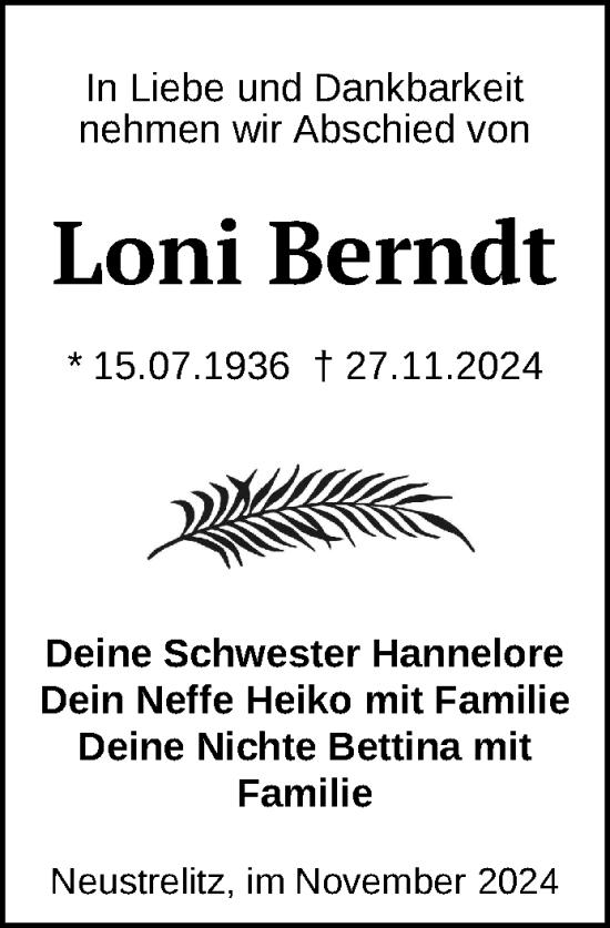 Traueranzeige von Loni Berndt von Nordkurier Strelitzer Zeitung