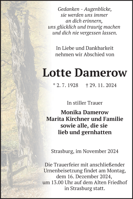 Traueranzeige von Lotte Damerow von Nordkurier Pasewalker Zeitung