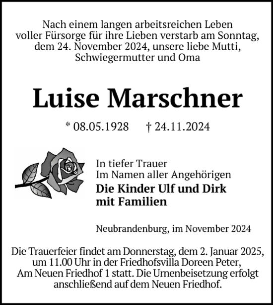 Traueranzeige von Luise Marschner von Nordkurier Neubrandenburger Zeitung