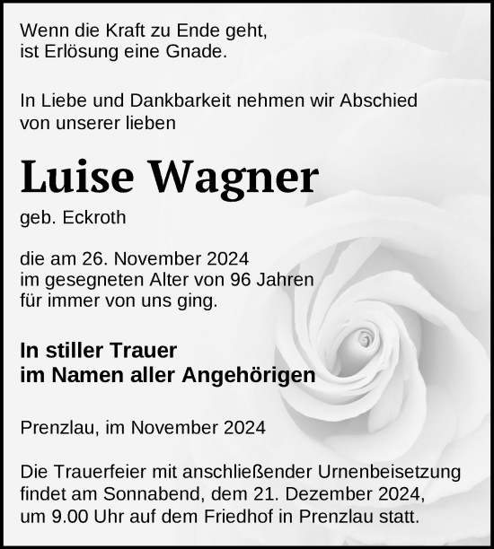 Traueranzeige von Luise Wagner von Uckermark Kurier Prenzlauer Zeitung