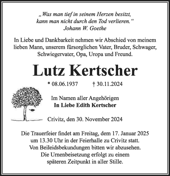 Traueranzeige von Lutz Kertscher von Zeitung für die Landeshauptstadt