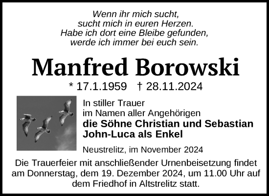 Traueranzeige von Manfred Borowski von Nordkurier Strelitzer Zeitung