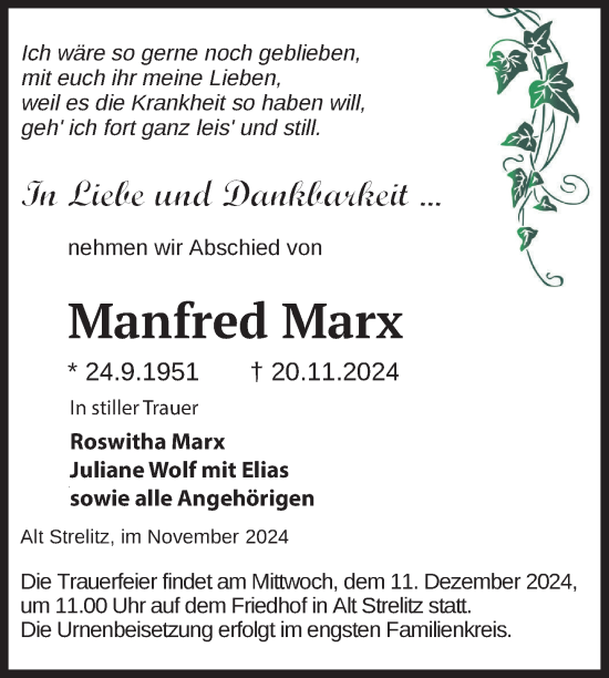 Traueranzeige von Manfred Marx von Nordkurier Strelitzer Zeitung