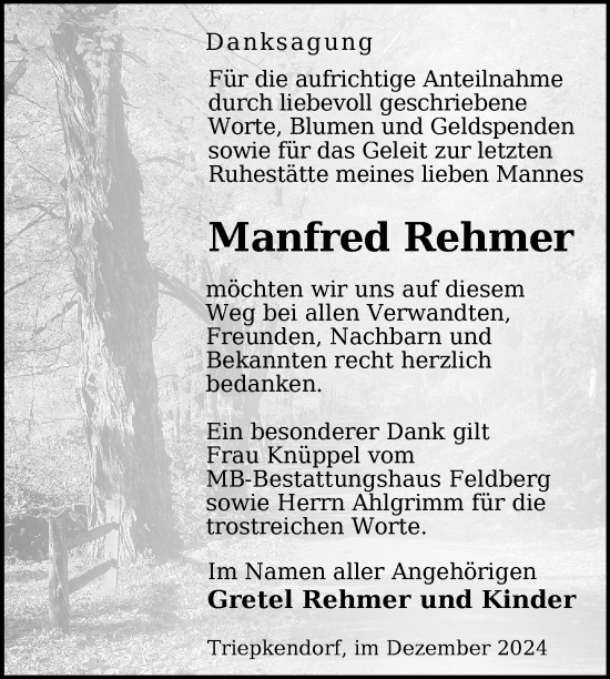 Traueranzeige von Manfred Rehmer von Nordkurier Strelitzer Zeitung