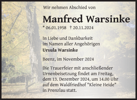 Traueranzeige von Manfred Warsinke von Uckermark Kurier Prenzlauer Zeitung