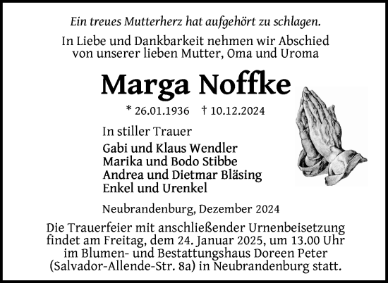 Traueranzeige von Marga Noffke von Nordkurier Neubrandenburger Zeitung