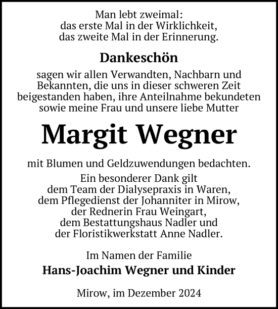 Traueranzeige von Margit Wegner von Nordkurier Strelitzer Zeitung