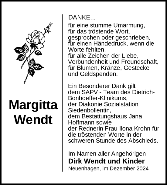 Traueranzeige von Margitta Wendt von Nordkurier Neubrandenburger Zeitung