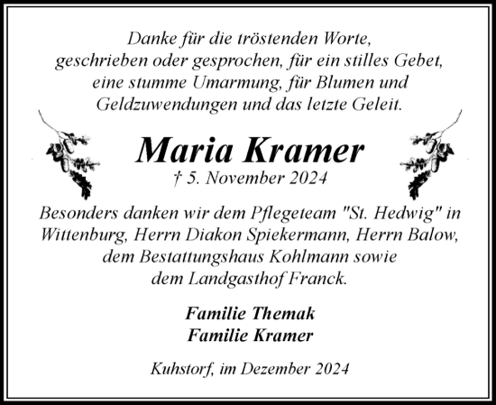 Traueranzeige von Maria Kramer von Hagenower Kreisblatt