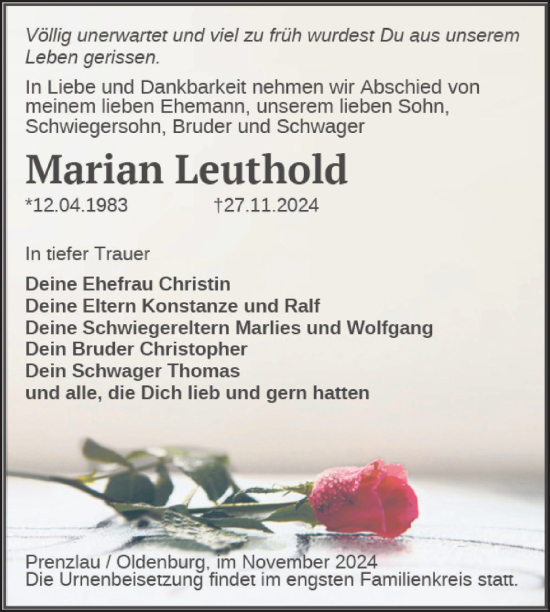 Traueranzeige von Marian Leuthold von Uckermark Kurier Prenzlauer Zeitung