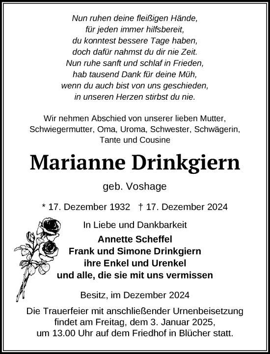 Traueranzeige von Marianne Drinkgiern von Hagenower Kreisblatt