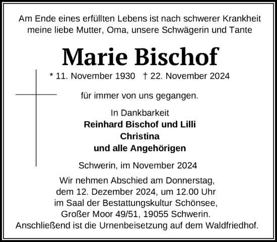 Traueranzeige von Marie Bischof von Zeitung für die Landeshauptstadt