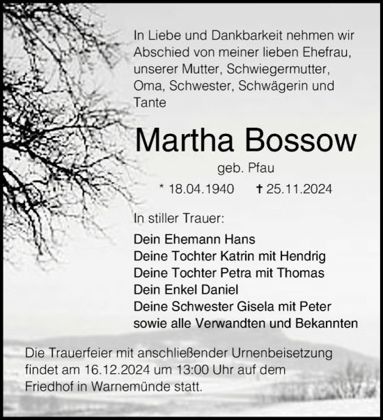 Traueranzeige von Martha Bossow von Norddeutsche Neueste Nachrichten