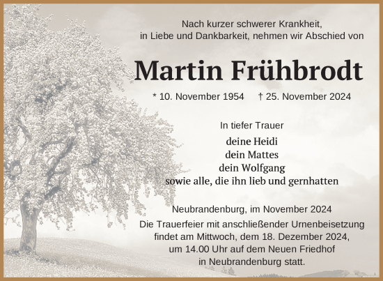 Traueranzeige von Martin Frühbrodt von Nordkurier Neubrandenburger Zeitung