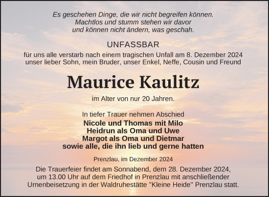 Traueranzeige von Maurice Kaulitz von Uckermark Kurier Prenzlauer Zeitung