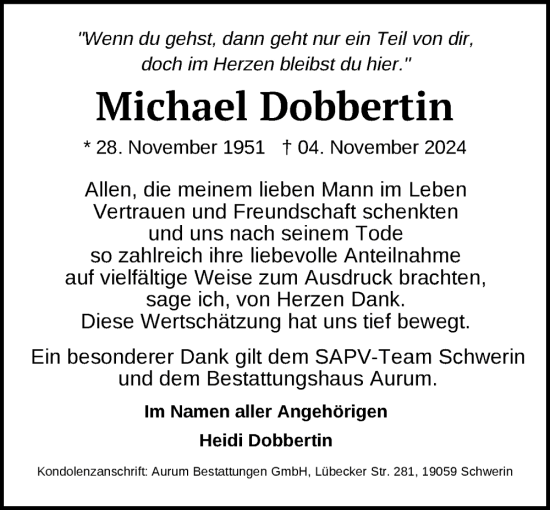 Traueranzeige von Michael Dobbertin von Zeitung für die Landeshauptstadt