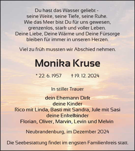 Traueranzeige von Monika Kruse von Nordkurier Neubrandenburger Zeitung