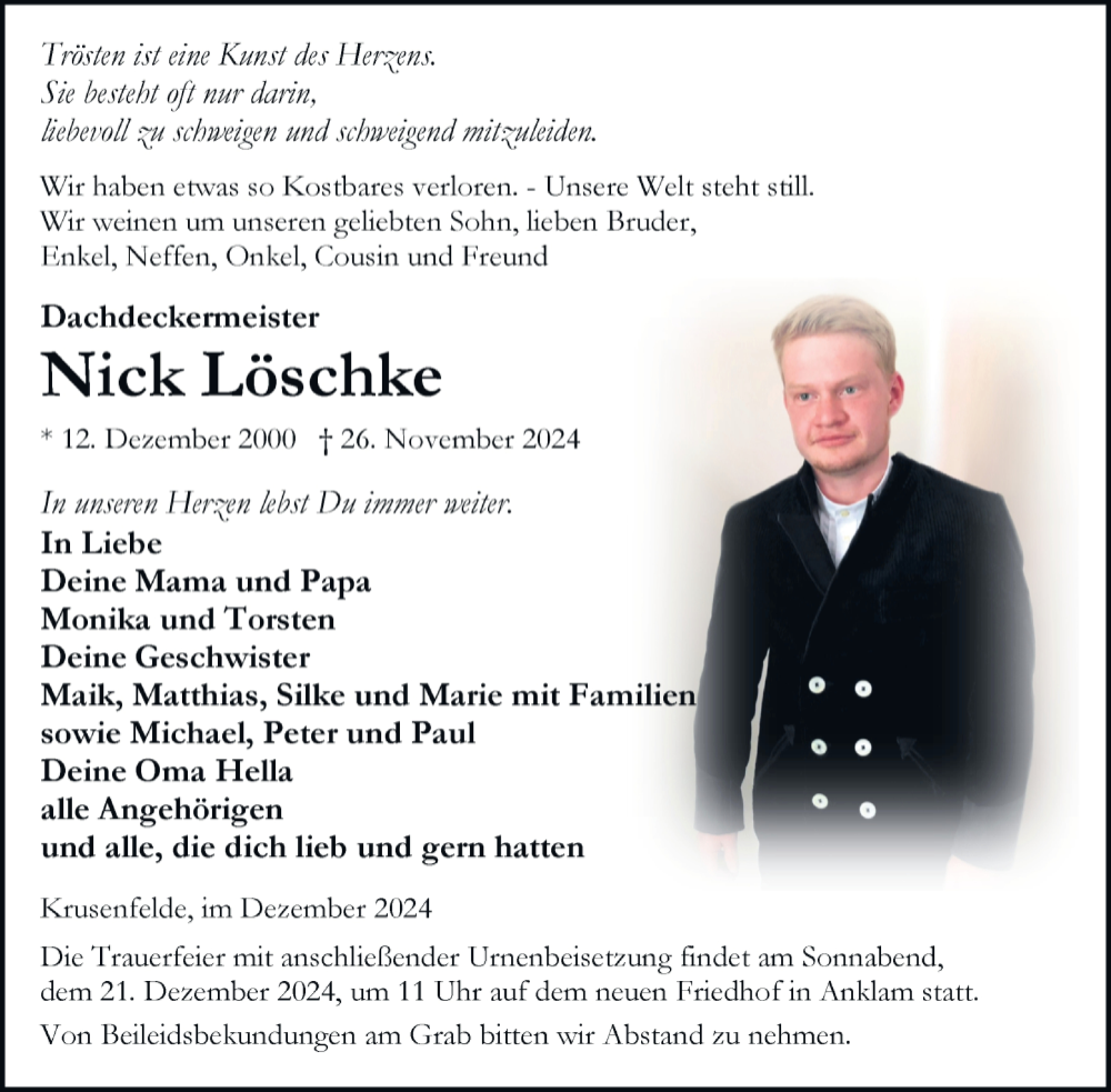  Traueranzeige für Nick Löschke vom 07.12.2024 aus Nordkurier Vorpommern Kurier