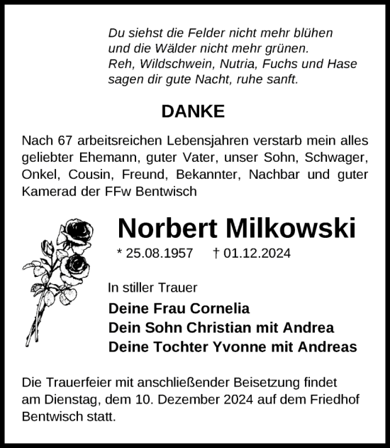 Traueranzeige von Norbert Milkowski von Der Prignitzer