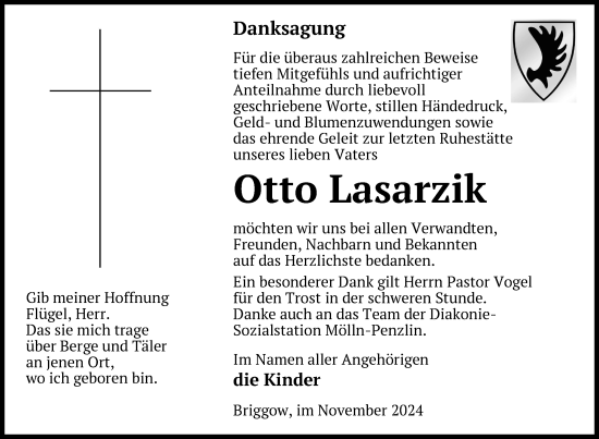 Traueranzeige von Otto Lasarzik von Nordkurier Mecklenburger Schweiz