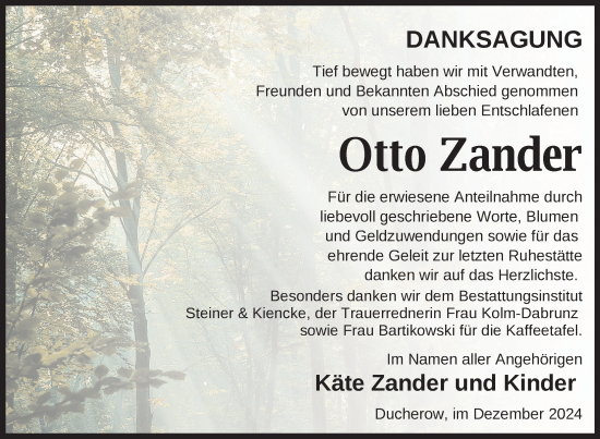 Traueranzeige von Otto Zander von Nordkurier Vorpommern Kurier