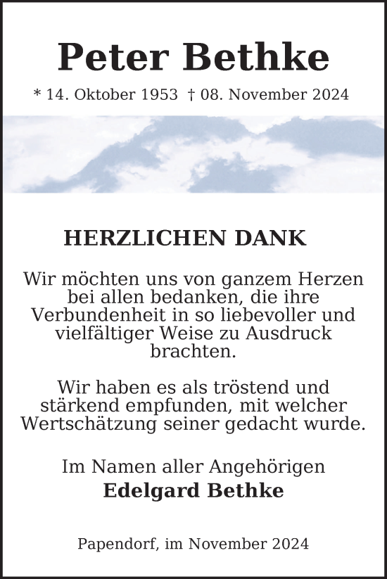 Traueranzeige von Peter Bethke von Nordkurier Pasewalker Zeitung