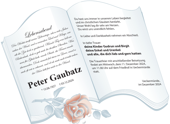 Traueranzeige von Peter Gaubatz von Nordkurier Haff-Zeitung