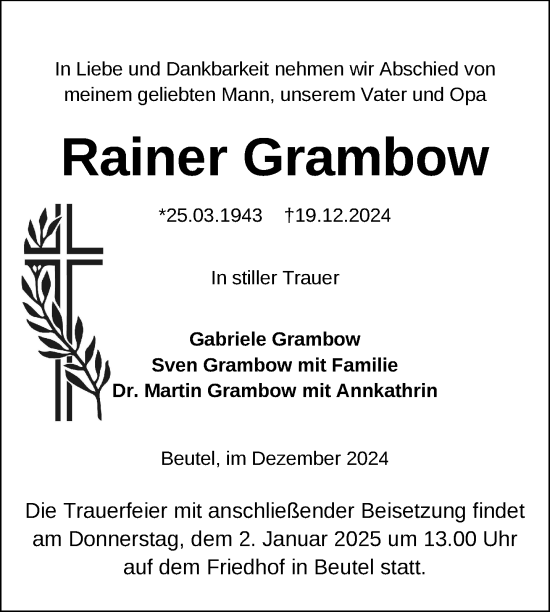 Traueranzeige von Rainer Grambow von Uckermark Kurier Templiner Zeitung