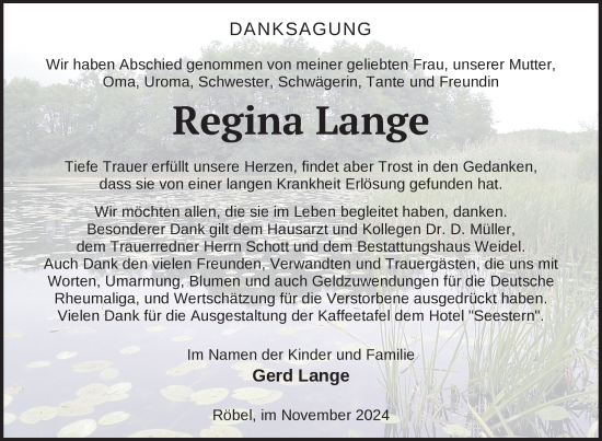 Traueranzeige von Regina Lange von Nordkurier Müritz-Zeitung