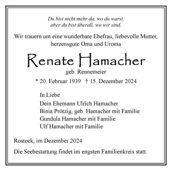 Traueranzeige von Renate Hamacher von Norddeutsche Neueste Nachrichten