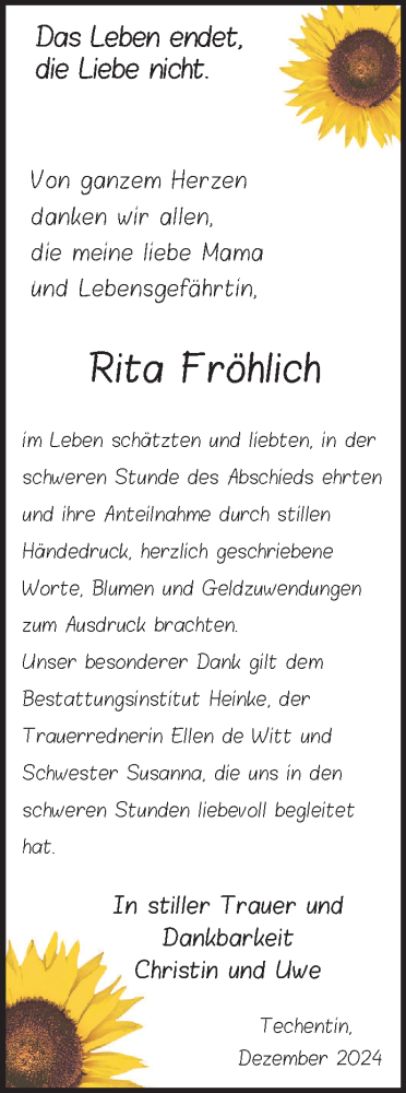 Traueranzeige von Rita Fröhlich von Zeitung für die Landeshauptstadt