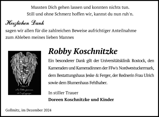 Traueranzeige von Robby Koschnitzke von Uckermark Kurier Prenzlauer Zeitung