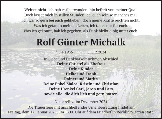 Traueranzeige von Rolf Günter Michalk von Nordkurier Müritz-Zeitung