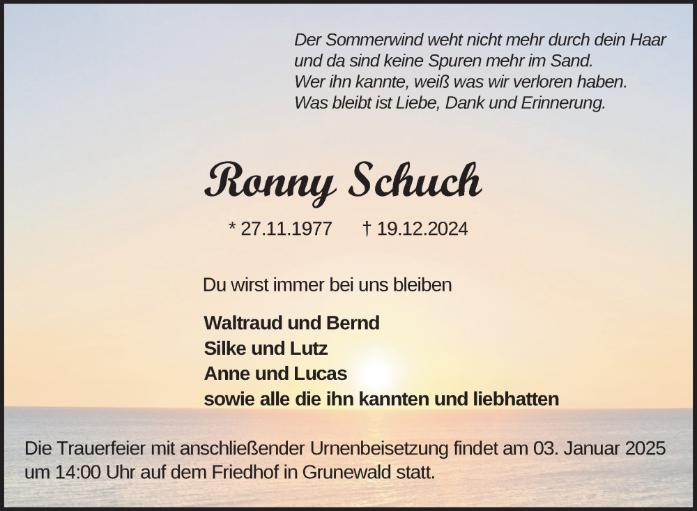  Traueranzeige für Ronny Schuch vom 28.12.2024 aus Uckermark Kurier Templiner Zeitung