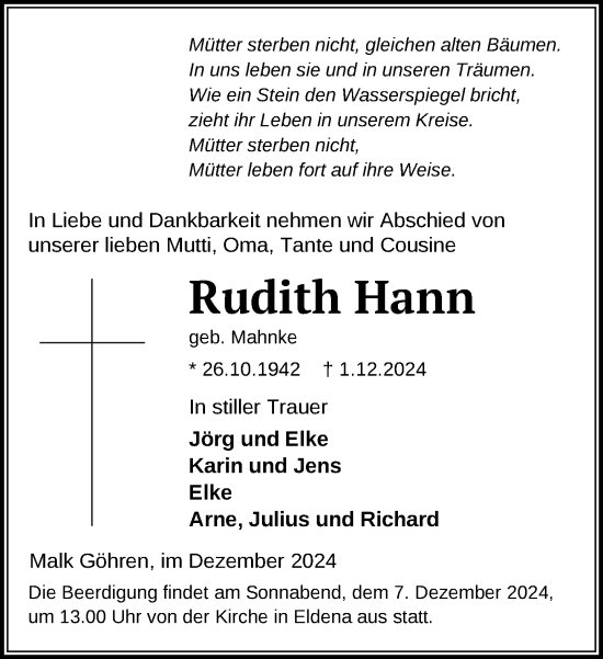 Traueranzeige von Rudith Hann von Ludwigsluster Tageblatt