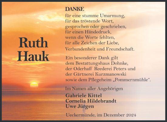 Traueranzeige von Ruth Hauk von Nordkurier Haff-Zeitung