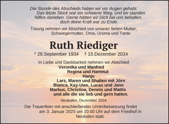 Traueranzeige von Ruth Riediger von Nordkurier Mecklenburger Schweiz