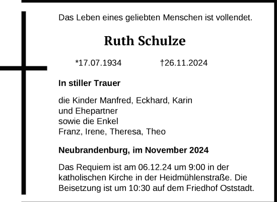 Traueranzeige von Ruth Schulze von Nordkurier Neubrandenburger Zeitung