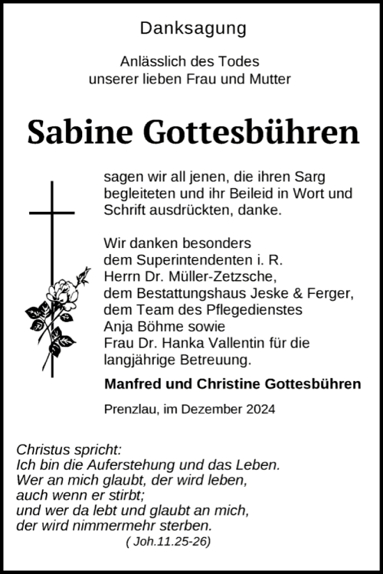 Traueranzeige von Sabine Gottesbühren von Uckermark Kurier Prenzlauer Zeitung