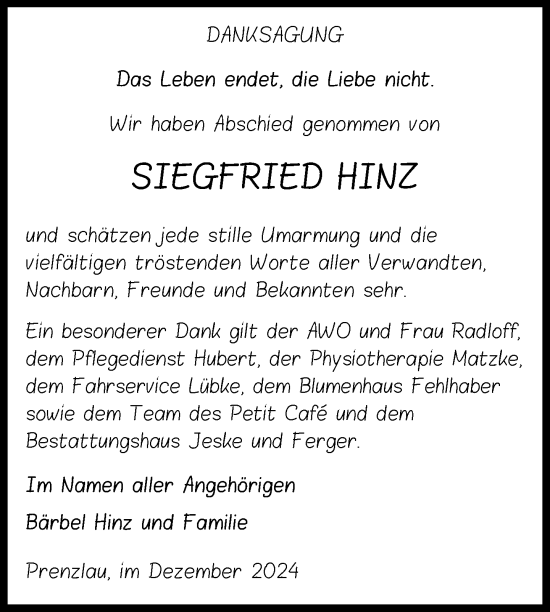 Traueranzeige von Siegfried Hinz von Uckermark Kurier Prenzlauer Zeitung