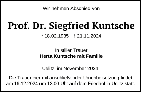 Traueranzeige von Siegfried Kuntsche von Zeitung für die Landeshauptstadt