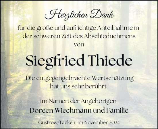 Traueranzeige von Siegfried Thiede von Der Prignitzer