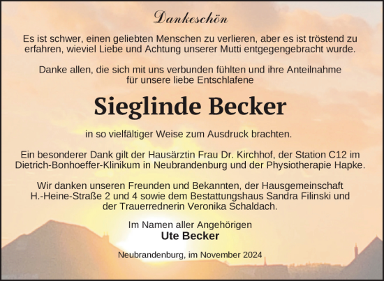 Traueranzeige von Sieglinde Becker von Nordkurier Neubrandenburger Zeitung