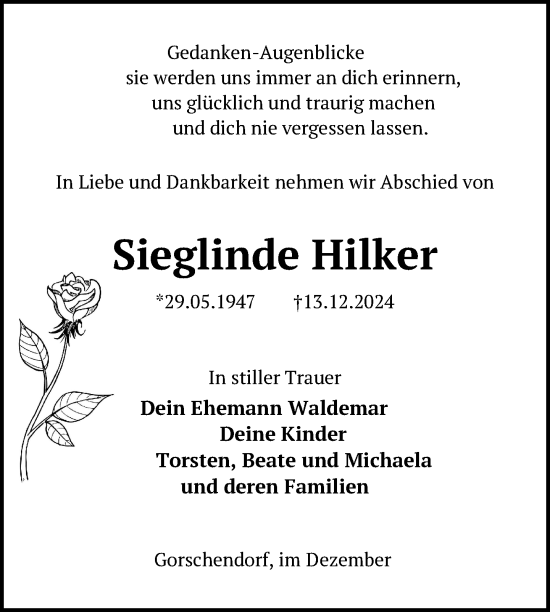 Traueranzeige von Sieglinde Hilker von Nordkurier Mecklenburger Schweiz