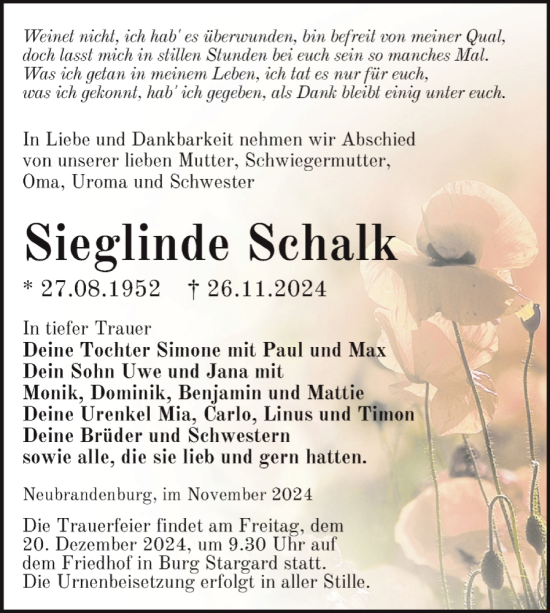 Traueranzeige von Sieglinde Schalk von Nordkurier Neubrandenburger Zeitung