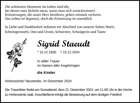 Traueranzeige von Sigrid Staeudt von Nordkurier Strelitzer Zeitung