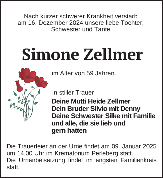 Traueranzeige von Simone Zellmer von Der Prignitzer, Prignitz Express