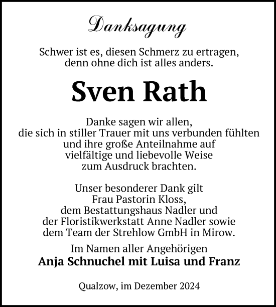 Traueranzeige von Sven Rath von Nordkurier Strelitzer Zeitung